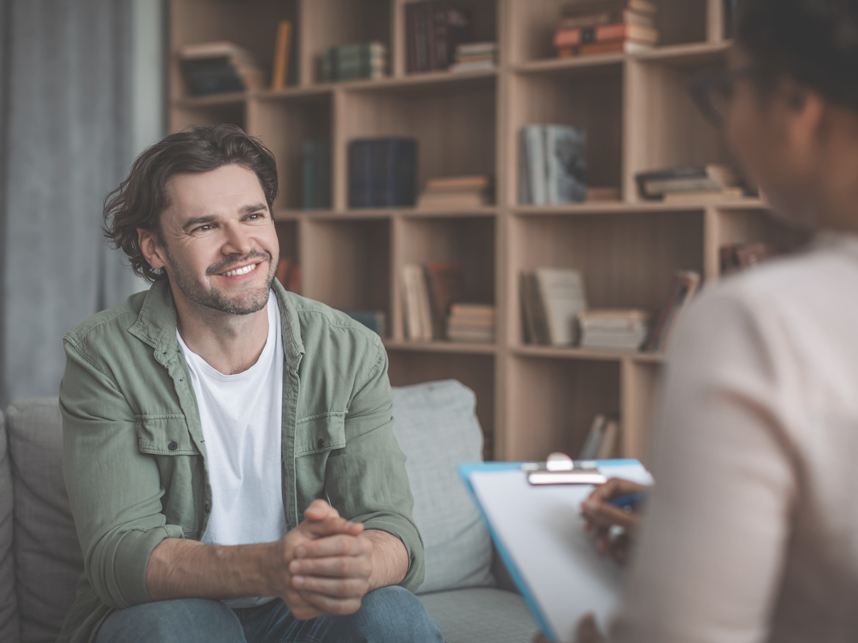 Adult male seeking advice from a female therapist. 